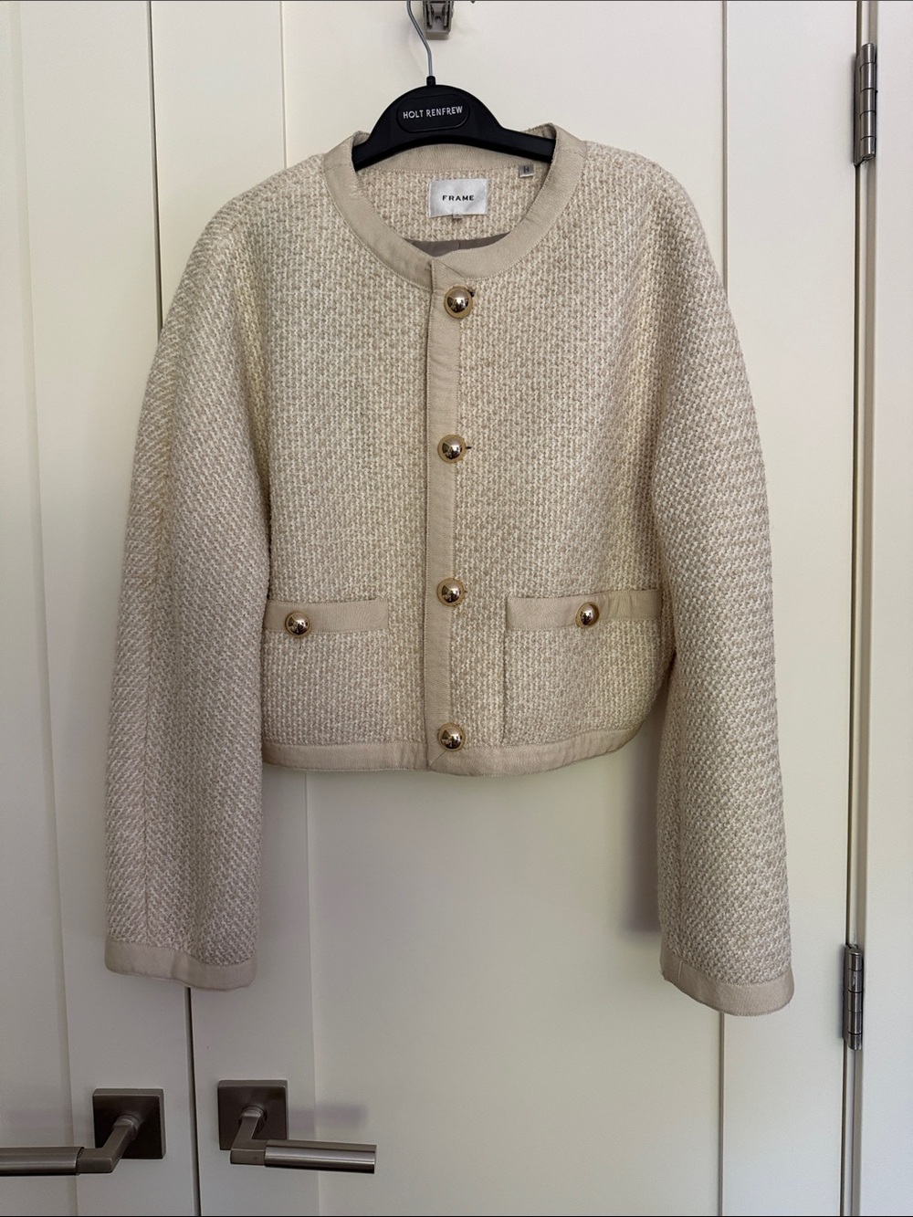 Frame Cream Textured Cropped Blazer with Gold Buttons